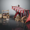 Ancient Architectural Market Stalls With Wooden Structures Striped Canopies Barrels And Tools