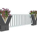White Road Railing With Flower Decorations Near Trees And Pavilion