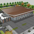 Modern Commercial Building With Glass Curtain Walls Brown Roof And Plaza Space