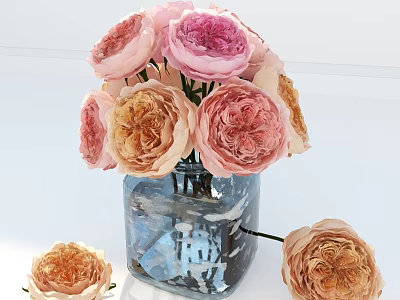 Blooming Pink And Orange Roses In Blue Glass Vase With Scattered Flowers On White Background 3d model