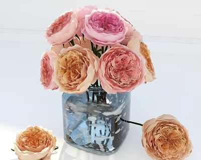 Blooming Pink And Orange Roses In Blue Glass Vase With Scattered Flowers On White Background 3d model