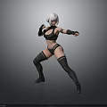 Woman with white short hair wearing black tight fitting sportswear in fighting stance