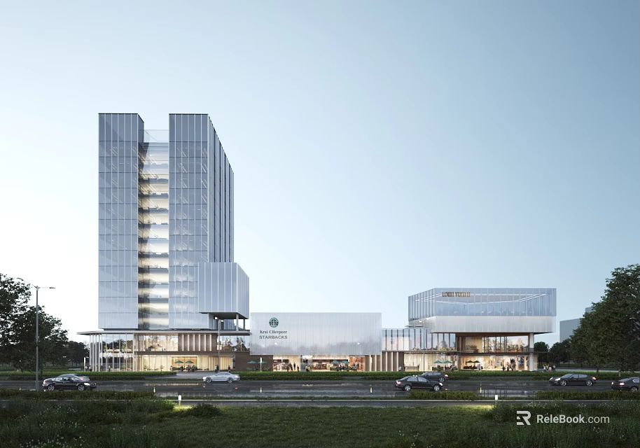 Modern Office Building Exterior Design With High Rise Glass Curtain Wall And Entrance Vehicles 3d model 