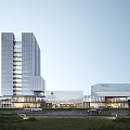 Modern Office Building Exterior Design With High Rise Glass Curtain Wall And Entrance Vehicles
