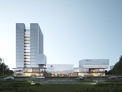 Modern Office Building Exterior Design With High Rise Glass Curtain Wall And Entrance Vehicles 3d model