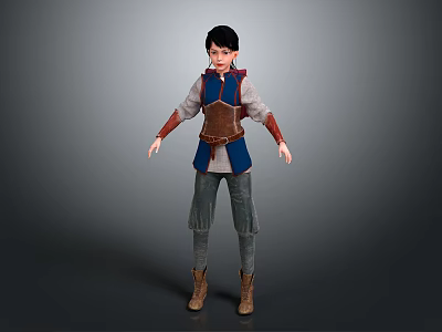 Game Movie Character With Short Hair Blue Top Brown Vest Red Armbands And Gray Pants 3d model