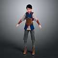 Game Movie Character With Short Hair Blue Top Brown Vest Red Armbands And Gray Pants