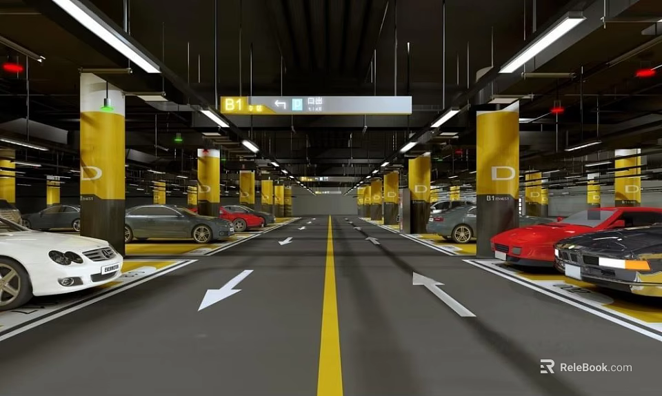 Modern Indoor Parking Lot With Yellow Pillars White Arrows Ground Markings And Parked Cars 3d model 