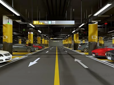 Modern Indoor Parking Lot With Yellow Pillars White Arrows Ground Markings And Parked Cars 3d model