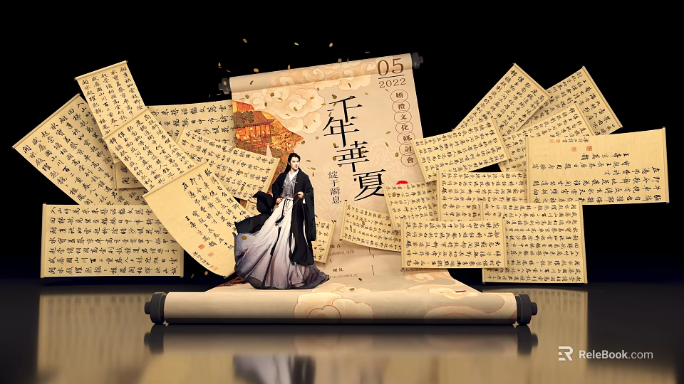 Millennium Huaxia Theme Group Photo Check In Spot With Ancient Scrolls And Traditional Costume Figure 3d model 