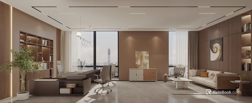 Modern Open Office Interior With Large Windows Desk Chair Sofa Decorative Painting And City View 3d model 