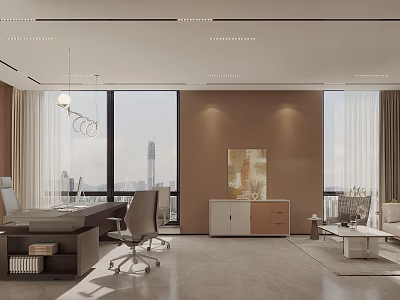 Modern Open Office Interior With Large Windows Desk Chair Sofa Decorative Painting And City View 3d model