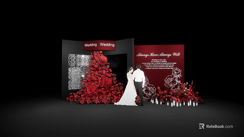 Romantic Wedding Photo Spot With Red Flower Wall And Couple In Wedding Attire 3d model 
