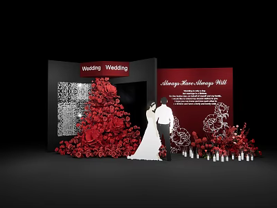 Romantic Wedding Photo Spot With Red Flower Wall And Couple In Wedding Attire 3d model