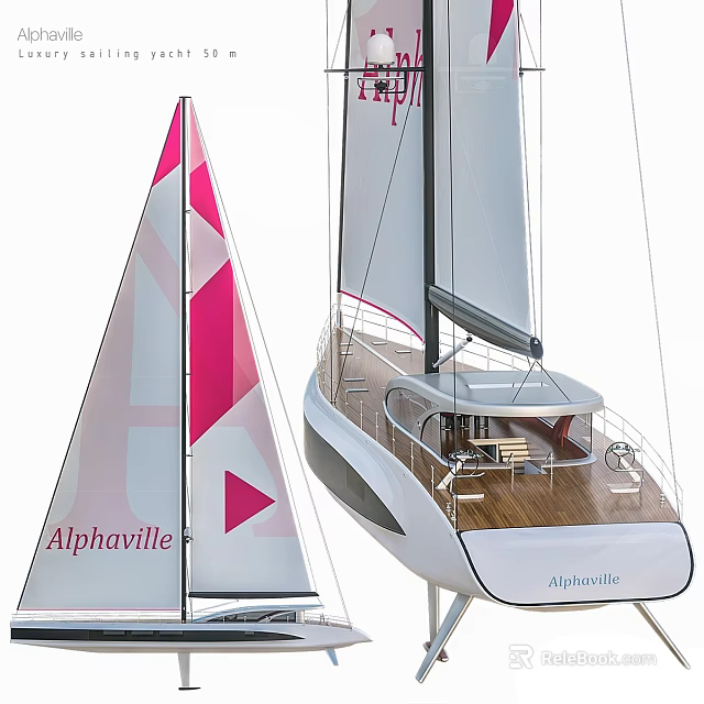 Alphaville Sailing Yacht Featuring Pink Sail And Luxury Motor Yacht With Wooden Deck 3d model 