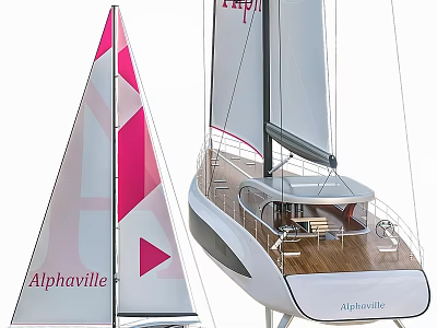 Alphaville Sailing Yacht Featuring Pink Sail And Luxury Motor Yacht With Wooden Deck 3d model