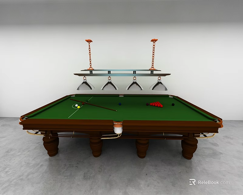 Green Felt Billiard Table with Brown Wooden Legs Balls Cue Stick and Hanging Pendant Lights 3d model 