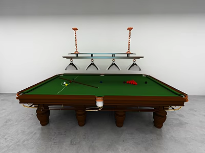 Green Felt Billiard Table with Brown Wooden Legs Balls Cue Stick and Hanging Pendant Lights 3d model