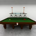 Green Felt Billiard Table with Brown Wooden Legs Balls Cue Stick and Hanging Pendant Lights