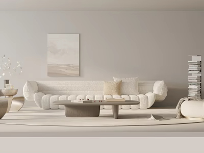Modern Minimalist Sofa And Coffee Table Set With White Upholstery Wall Art And Stacked Books 3d model
