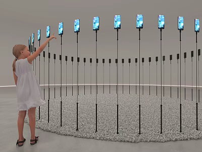 Interactive Art Installation with Glowing Screens on Poles in Circular Arrangement on Gravel Child Reaching 3d model