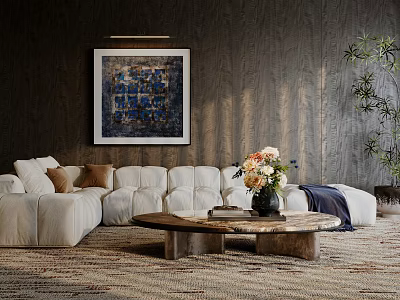 Modern White Sofa Coffee Table Set With Wooden Table And Flower Arrangement 3d model