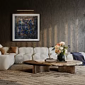 Modern White Sofa Coffee Table Set With Wooden Table And Flower Arrangement