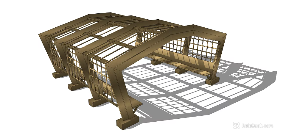 Wooden Arched Pergola With Lattice Roof And Support Columns Casting Ground Shadows 3d model 