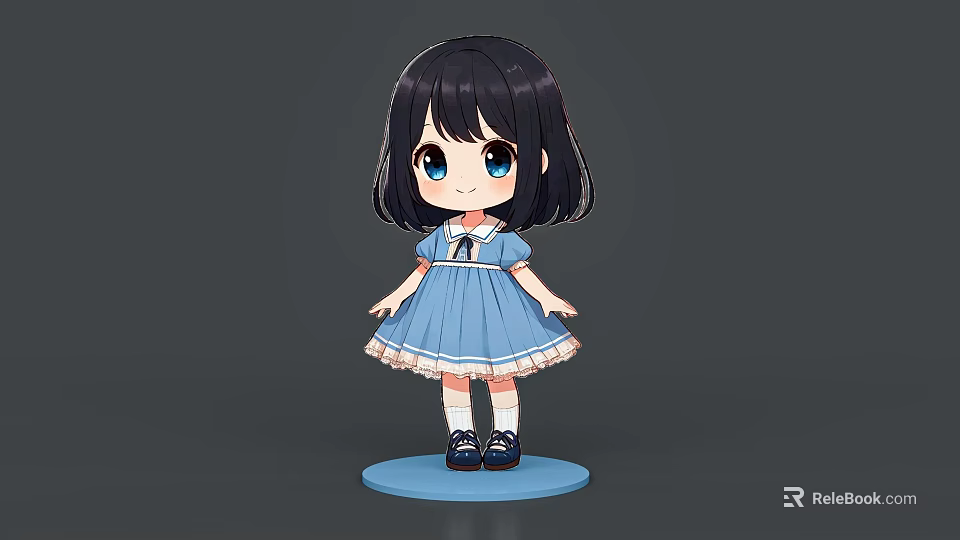 Cartoon Girl With Black Short Hair Blue Dress White Socks Black Shoes On Blue Base 3d model 