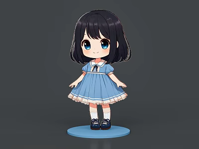 Cartoon Girl With Black Short Hair Blue Dress White Socks Black Shoes On Blue Base 3d model