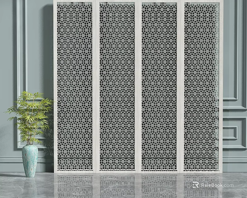 Geometric Pattern Room Screen with Gray Wall Background Green Plant and Gray Floor 3d model