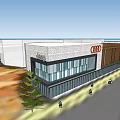 Modern Commercial Complex With Glass Curtain Wall And Pedestrian Walkway Design
