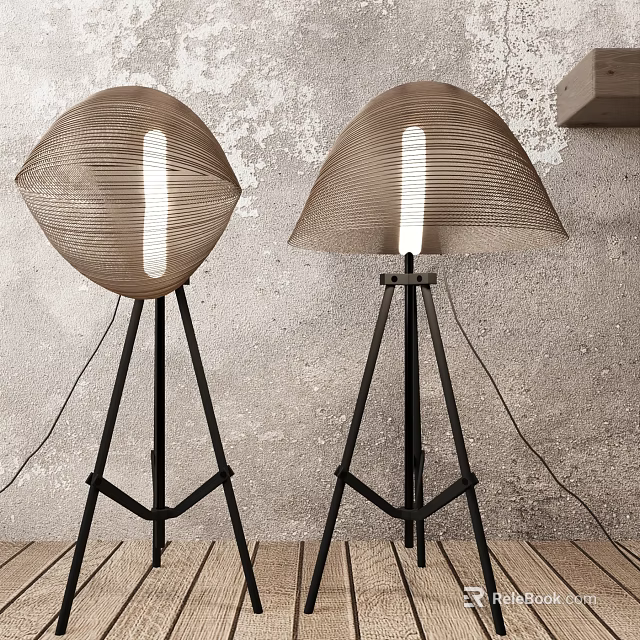Modern Floor Lamps With Woven Curved Shades Black Tripod Stands Gray Textured Wall Wooden Floor 3d model 