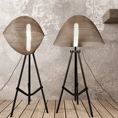 Modern Floor Lamps With Woven Curved Shades Black Tripod Stands Gray Textured Wall Wooden Floor 3d model