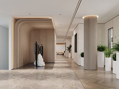 Modern Elevator Hallway Interior With Wooden Accents Marble Floor Potted Plants And Columns 3d model