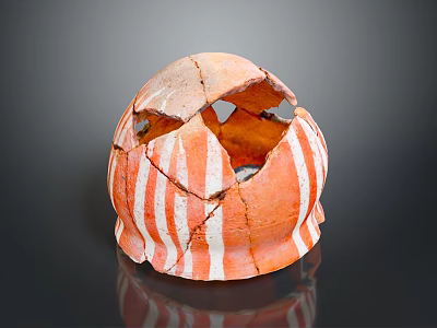 Broken Carved Ceramic Sculpture With Red White Stripes Holes And Spherical Shape 3d model