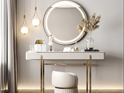 Elegant Modern Dressing Table With Round Mirror Dried Pampas Grass And Pendant Lights 3d model