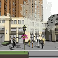 Vibrant Commercial Street With Tall Buildings Shops Pedestrians And Green Plants