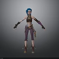 3D Character With Blue Hair Brown Crop Top Purple Pants Arm Guards And Tool Belt