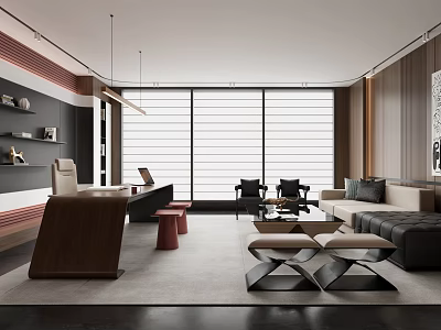 Modern Office Interior With Open Layout Large Windows Desk Chairs Sofa Coffee Table And Bookshelves 3d model