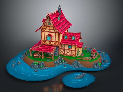 Whimsical Cartoon Scene With Colorful House Red Roof Yellow Walls Blue Water Island And Boat 3d model