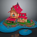 Whimsical Cartoon Scene With Colorful House Red Roof Yellow Walls Blue Water Island And Boat