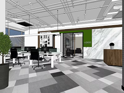 Modern Office Reception Desk With Stylish Marble Wall Green Plant And LOGO 3d model