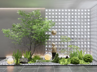 Garden Decor Design With Green Plants Small Tree Stones Glowing Spherical Lamps And Perforated Wall 3d model