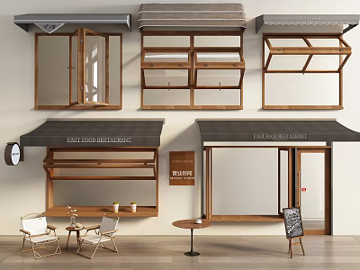 Different Designed Wooden Shop Windows With Awnings Outdoor Chairs Tables And Signboard 3d model