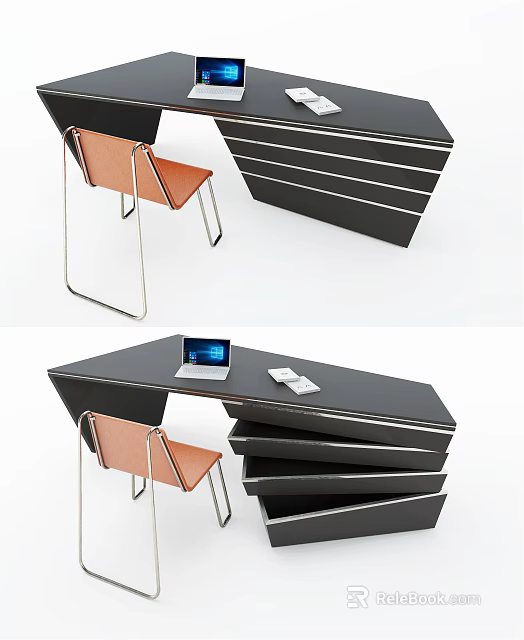 Modern Black Desk With Orange Chair Laptop And Notebook On Surface 3d model 