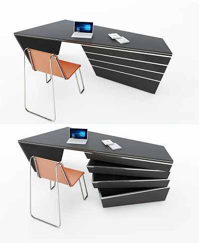 Modern Black Desk With Orange Chair Laptop And Notebook On Surface 3d model