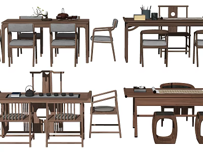 Chinese Style Wooden Tea Table And Chairs With Classic Design And Accessories 3d model