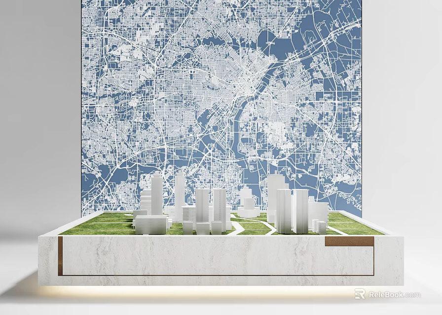 Commercial Planning Display Model With Map Background Green Grass And White Buildings 3d model 