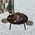 Outdoor Round Wooden Table on Poolside Deck with Food Fruits Lantern and Woven Cushions